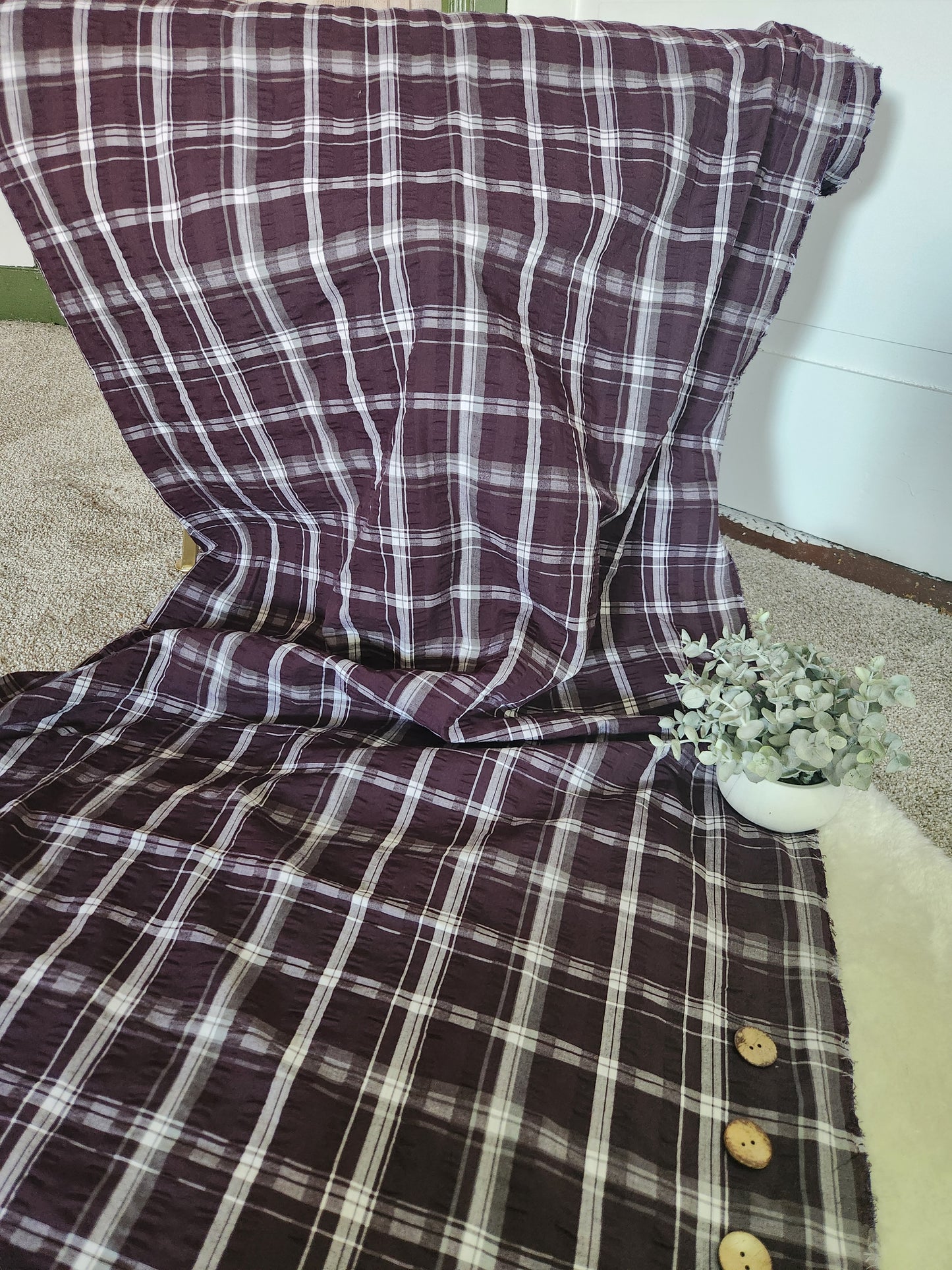 Plum Plaid Seersucker Polycotton