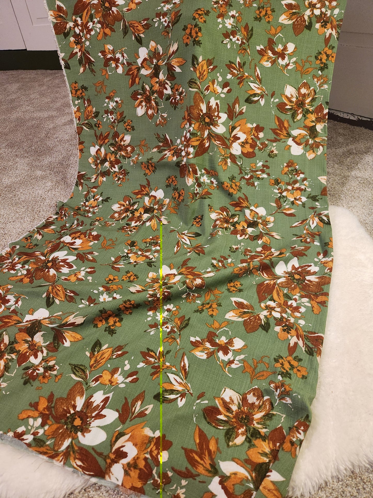 Olive Vintage Floral Linen Slub
