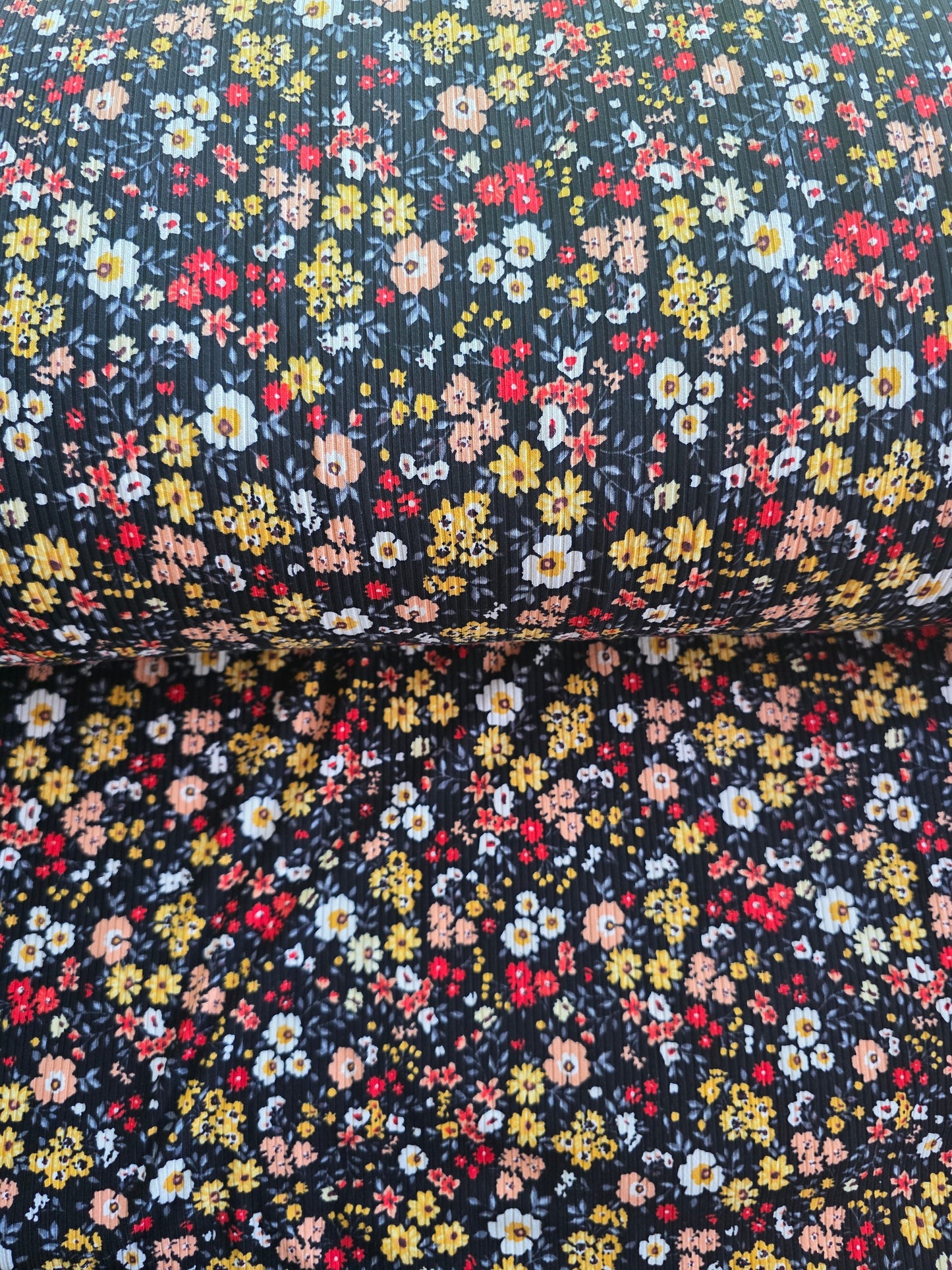 Black Floral Print Yummy Rib Knit