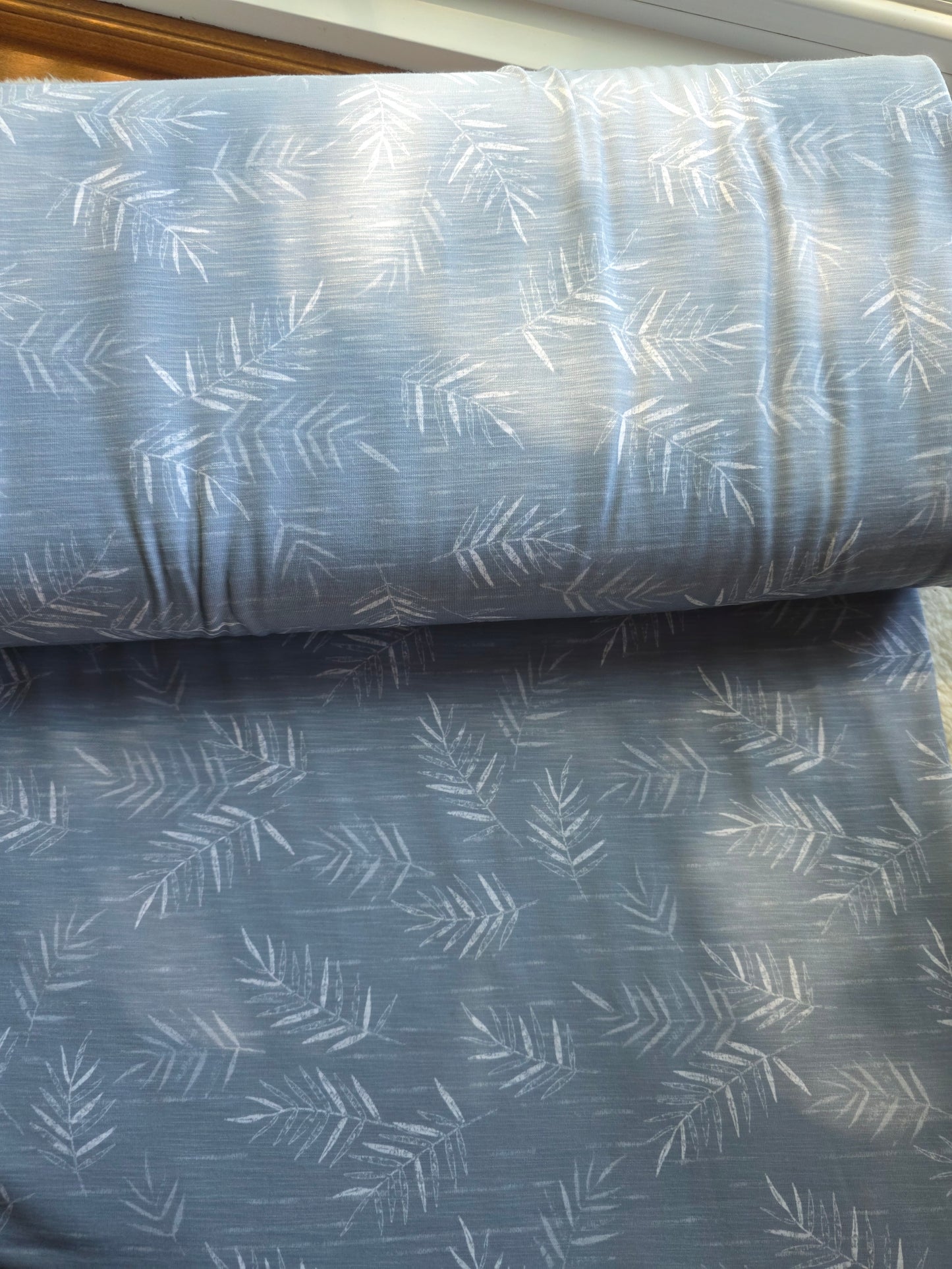 Dusty Blue Palm Leaves Slub Knit