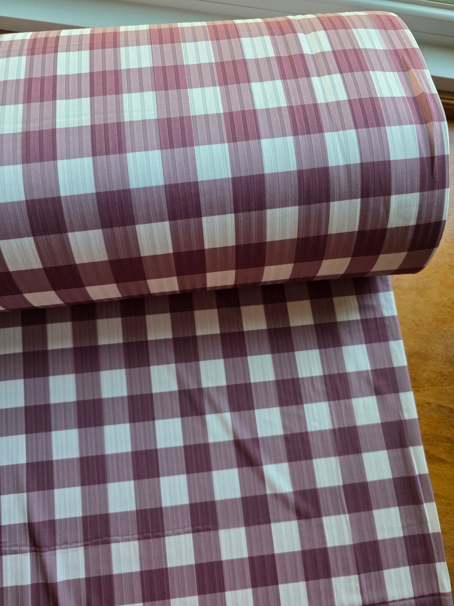 Mauve Gingham Wide Poly Rib Knit | Sold By The Half Yard