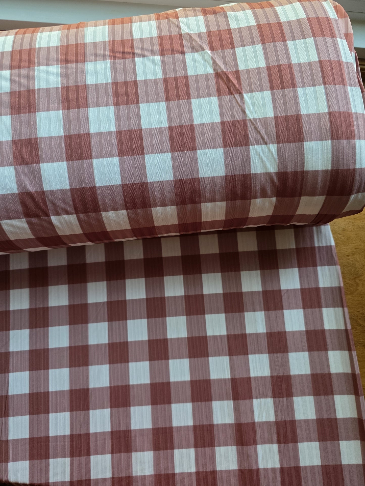 Chestnut Brown Gingham Wide Poly Rib Knit | Sold By The Half Yard